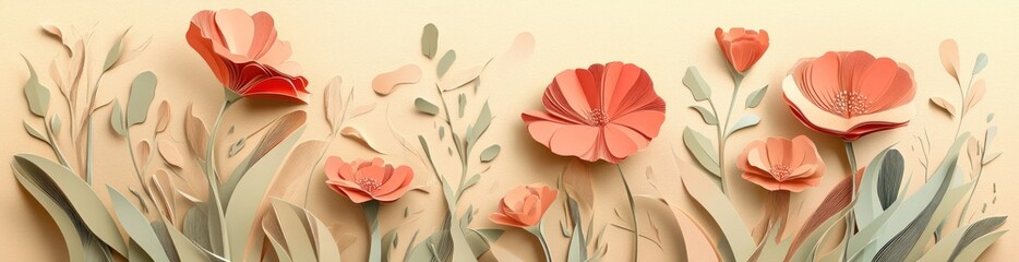 Wall Mural - A vibrant paper-cut design featuring colorful flowers and leaves against a soft background.