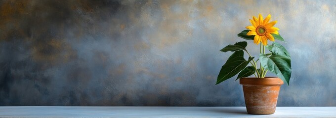 Poster - A sunflower in a terracotta pot against a textured background.