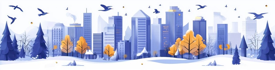 Sticker - A serene winter cityscape featuring snowy trees and buildings under a blue hue.