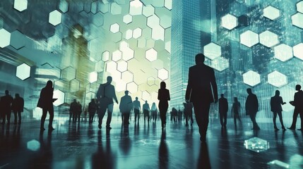 Poster - Silhouettes of business people working together overlaid on a cityscape with a digital, hexagonal pattern.