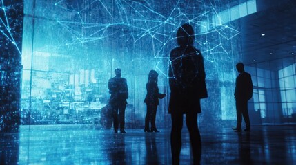 Poster - silhouettes of business professionals in blue-toned office, digital network overlay suggests technol