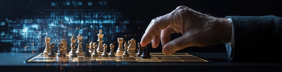 A hand moves a chess piece on a digital board, symbolizing strategy and technology.