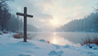 © Andrey - Wooden cross beside snow-covered river at sunrise in winter landscape