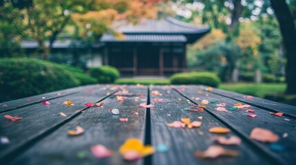 Poster - A serene outdoor scene featuring a wooden table scattered with flower petals in a garden.