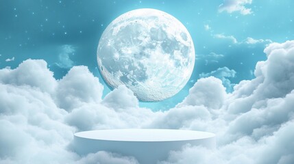 Wall Mural - a serene moonlit scene with a large moon above fluffy clouds and a circular platform.