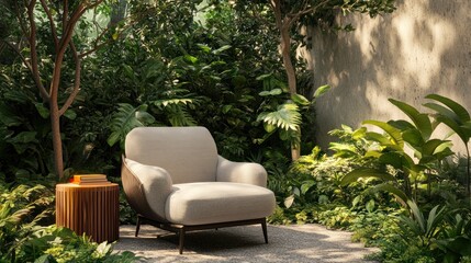 Sticker - A cozy armchair nestled in a lush garden, creating a serene relaxation space.