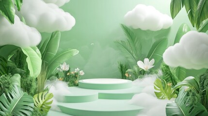 Sticker - A serene green stage with clouds, plants, and flowers, ideal for presentations or events.