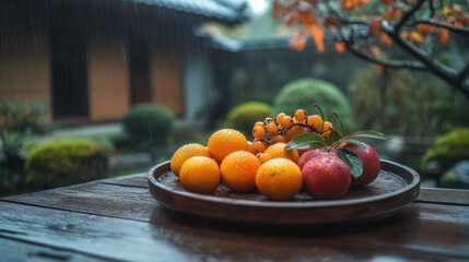 Poster - A wooden plate holds fresh fruits, set against a serene, rainy garden backdrop.