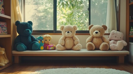 Poster - A cozy indoor scene featuring plush teddy bears and a toy, creating a playful atmosphere.