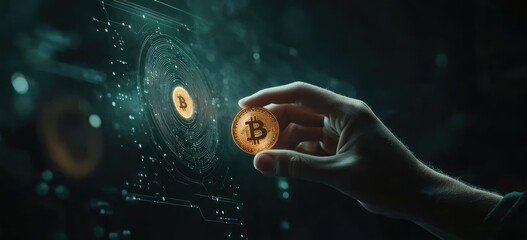 Wall Mural - A hand holding a Bitcoin coin in a digital interface, symbolizing cryptocurrency technology.