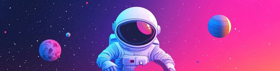 Wall Mural - a colorful illustration of an astronaut floating in space among planets and stars.