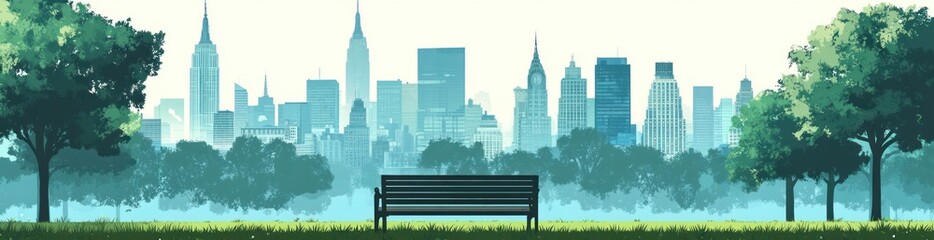 Sticker - A serene park scene with a bench overlooking a city skyline.