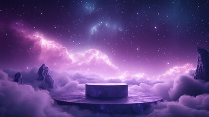 Wall Mural - a surreal cosmic landscape with a floating platform amidst colorful clouds and stars.