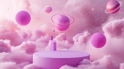 Wall Mural - a surreal, pink-hued cosmic landscape with planets and clouds.