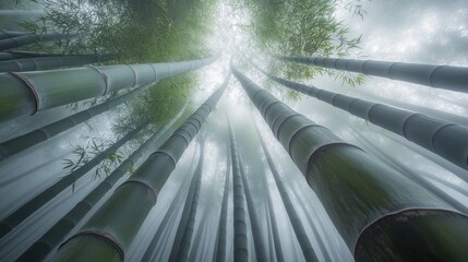 Poster - A serene view of tall bamboo stalks reaching towards a misty sky.