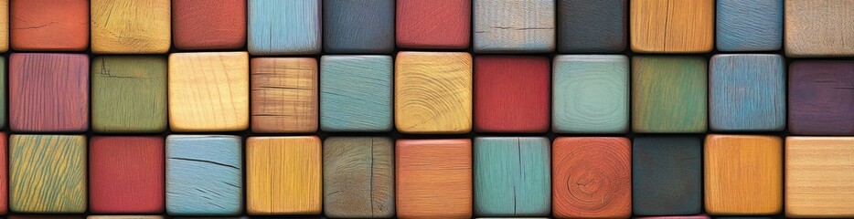 Sticker - A colorful arrangement of wooden blocks showcasing various textures and hues.