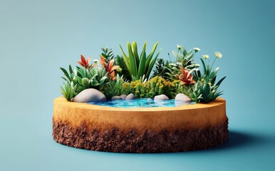 Poster - A vibrant miniature garden with plants and a small pond, showcasing nature's beauty.