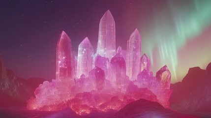 Wall Mural - A vibrant crystal formation illuminated by auroras in a mystical landscape.