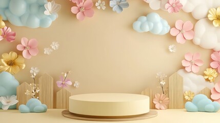 Wall Mural - A pastel-themed display with flowers and clouds, ideal for celebrations or events.