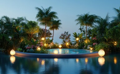 Sticker - Serene outdoor pool surrounded by lush greenery and illuminated by soft lanterns at dusk.