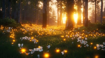 Sticker - A serene forest scene at sunset, filled with glowing flowers and tall trees.