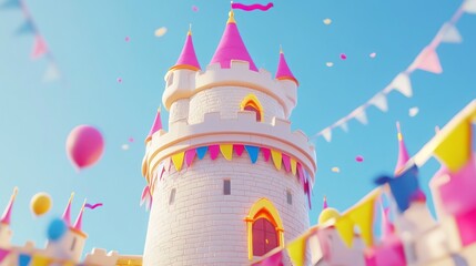 Sticker - A whimsical castle with colorful flags and balloons, evoking a festive atmosphere.