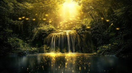 Sticker - A serene waterfall in a lush forest illuminated by golden light and fireflies.