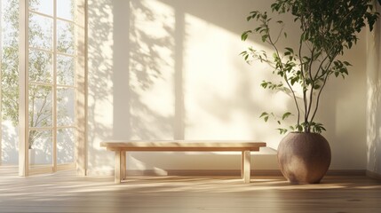 Poster - A serene interior space featuring a wooden bench and a potted plant, illuminated by sunlight.