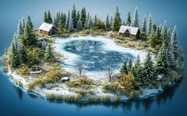 Canvas Print - A serene winter landscape featuring cozy cabins by a frozen pond surrounded by trees.