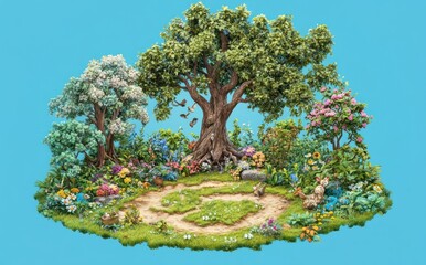 Canvas Print - A vibrant, whimsical garden scene with trees, flowers, and playful animals.