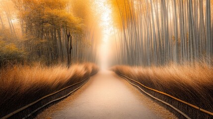 Sticker - A serene pathway through a misty forest with warm autumn colors.