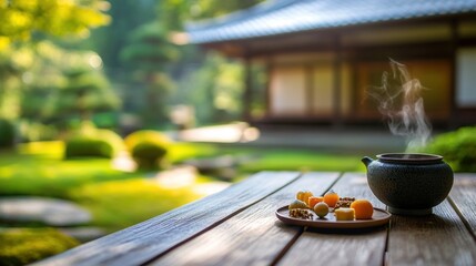 Canvas Print - A serene outdoor setting with a steaming tea pot and a plate of sushi, surrounded by lush greenery.