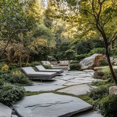 Poster - Serene garden retreat with lounge chairs and natural stone pathways.