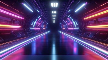 Futuristic neon-lit corridor with glowing lines and reflective floor, leading to a dark end.