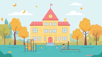 Sticker - A colorful playground scene with a school building, trees, and children playing outside.