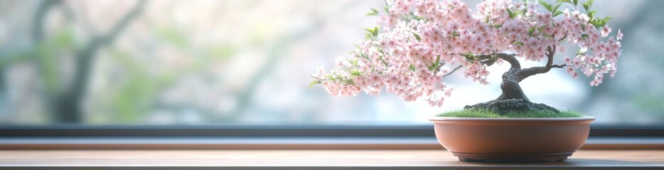 Wall Mural - A serene bonsai tree with pink blossoms, displayed on a wooden surface near a window.