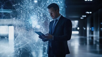 Poster - Businessman using tablet with hologram network overlay in futuristic modern office space