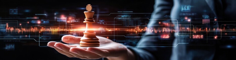 Poster - A hand holds a chess piece against a digital backdrop, symbolizing strategy and technology.