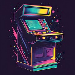 Poster - A retro-styled illustration of an arcade game cabinet with neon lights and a dark background.