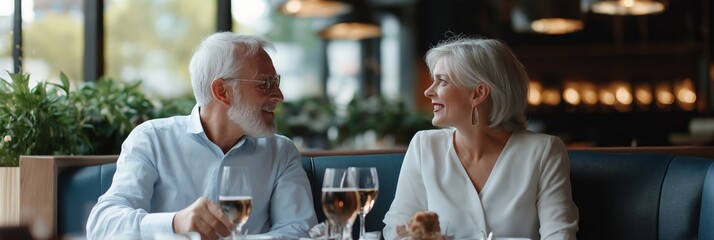 A man and woman are sitting at a table in a restaurant, smiling and holding wine glasses. Scene is happy and relaxed, as the couple enjoys their time together over a meal