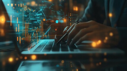 Poster - Close-up of a business professional working on a notebook computer with financial metrics and growth arrows overlay