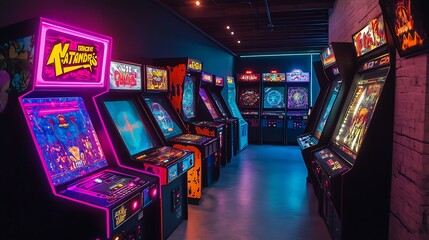 Poster - A row of vintage arcade cabinets with neon lights in a dark room.