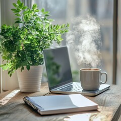 Creative office concept. Steaming coffee and binder notebook white sheet, plant, spec, laptop isolate on blurred background. Product presentation display. flat lay top view. copy text space