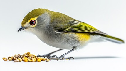 Vibrant Silvereye Bird Feeding in Garden - High Resolution Cinematic Product Photography with National Geographic Style on White Background