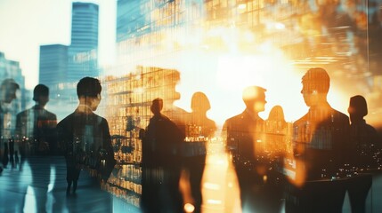 Double exposure image of many business people conference group meeting on city office building in background showing partnership success of business deal