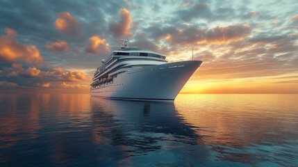Poster - A large cruise ship is sailing in the ocean at sunset