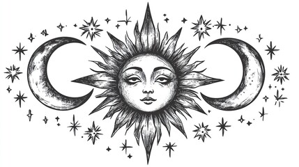 Hand drawn illustration of the sun with two moons and stars.