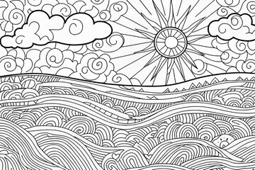  Coloring page with sunrise in a mountain landscape