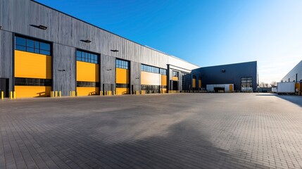 Modern industrial warehouse exterior with large yellow and gray loading docks and spacious paved courtyard under clear blue sky