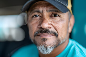 Smiling Portrait of a Middle-Aged Mexican  Truck Driver – Celebrating Diversity in Transportation